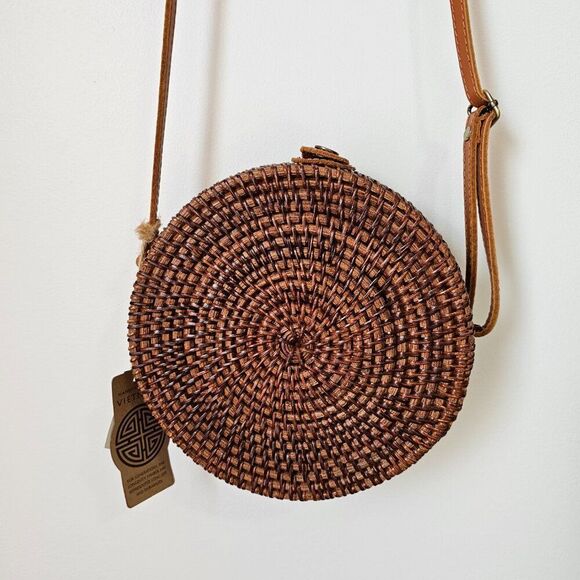 NWT RATTAN LEATHER MIX ROUND CROSSBODY BAG - Picture 7 of 10